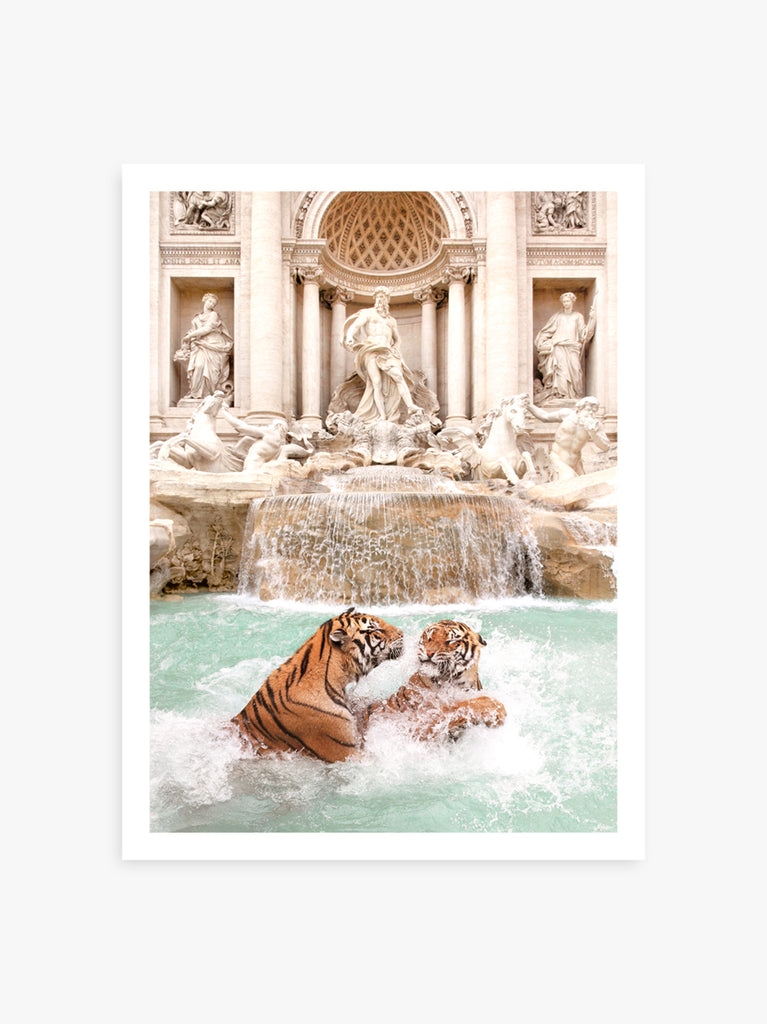 Two tigers playing in the Fontana di Trevi fountain in Rome italy, fine art photography by Paul Fuentes.