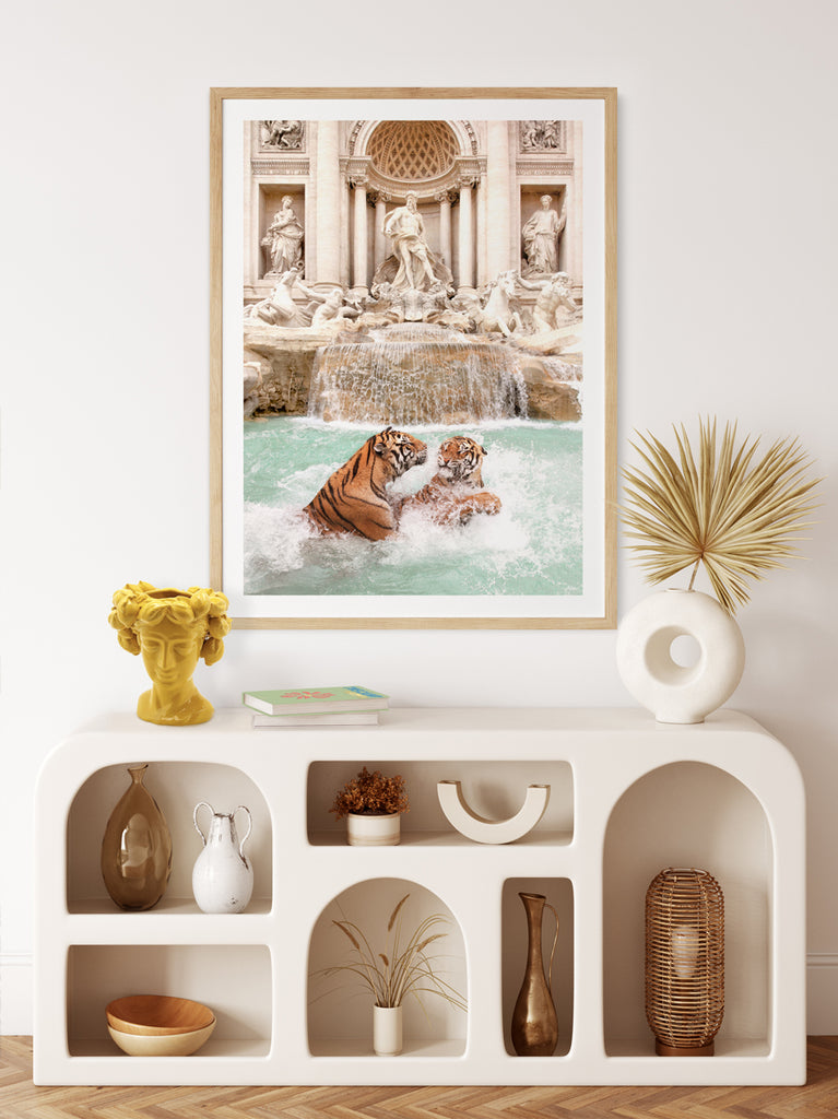 Framed Artwork of two tigers playing in the Fontana di Trevi fountain in Rome, fine art photography by Paul Fuentes.