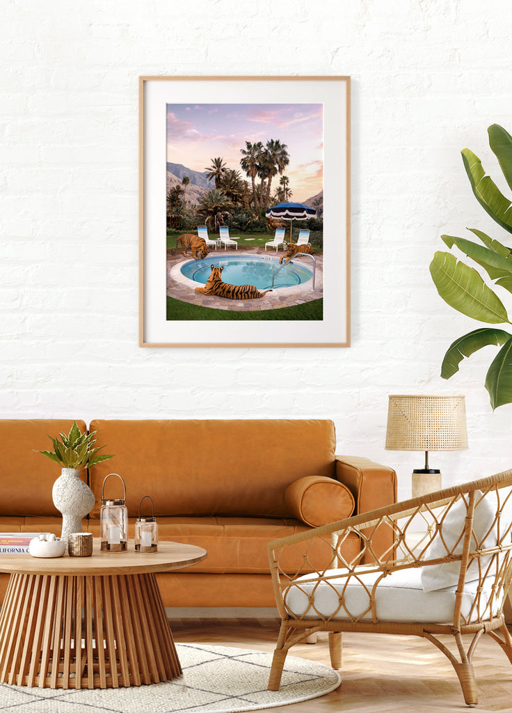 framed artwork of three tigers lounging beside a pool at sunset in Palm Springs, fine art photography print by Paul Fuentes. Inspired by the works of Slim Aarons.