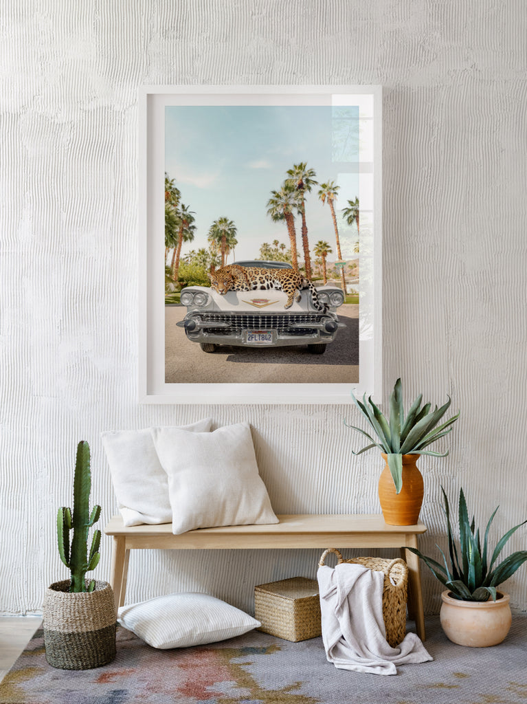 framed artwork by Paul Fuentes of a jaguar lying on top of a classic car in the desert of Palm Springs California 