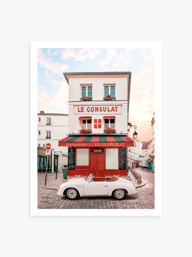 Le Consulat art print by Paul Fuentes showing a Porsche Speedster parked in front of the iconic Paris Montmartre restaurant.
