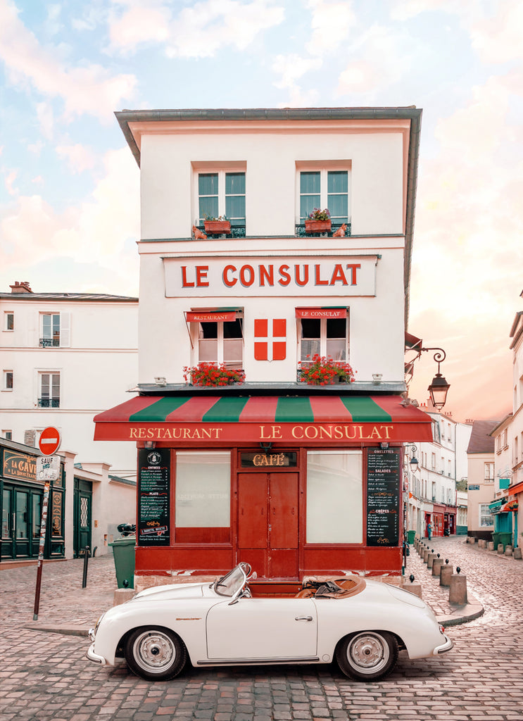 Photograpg of Le Consulat by Paul Fuentes showing a Porsche Speedster parked in front of the iconic Paris Montmartre restaurant.