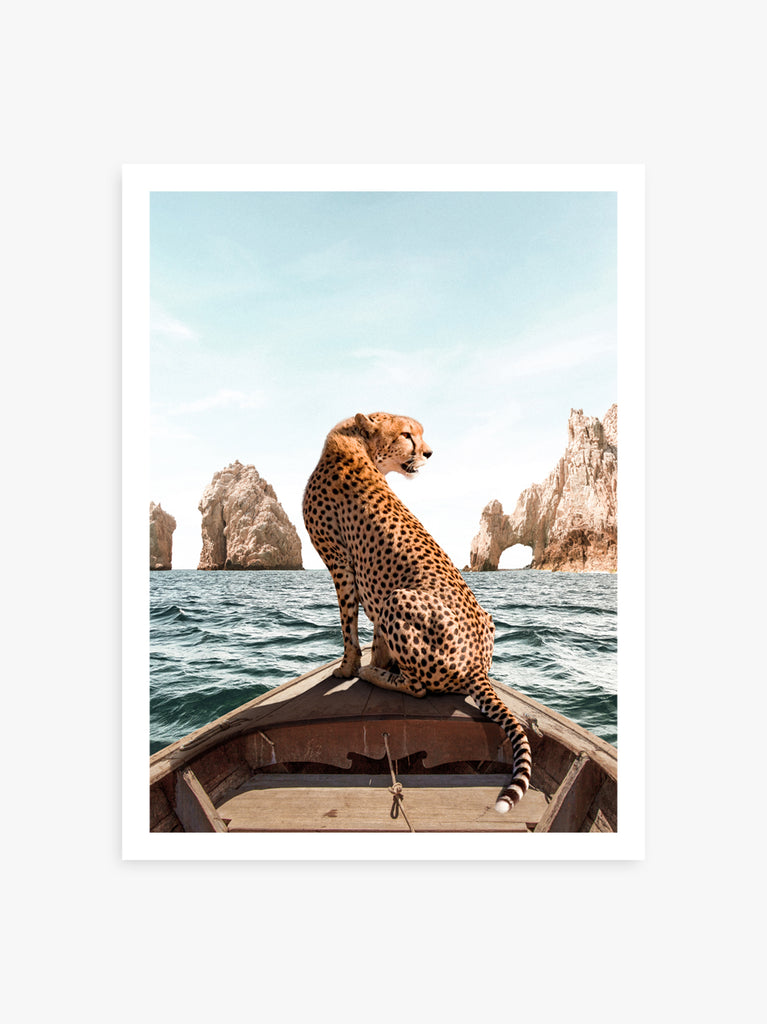 A  artwork featuring a cheetah sitting in a boat with a scenic view of the ocean and cliffs in the background of Los Cabos, fine art photography by Paul Fuentes.