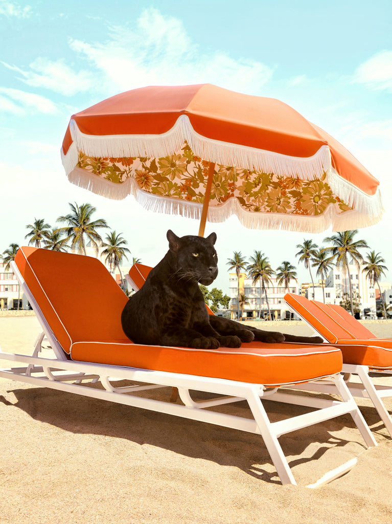 retro beach vibe with a black panther lounging on an orange beach chair under a vintage  umbrella with palm trees in the background. fine art print by Paul Fuentes.