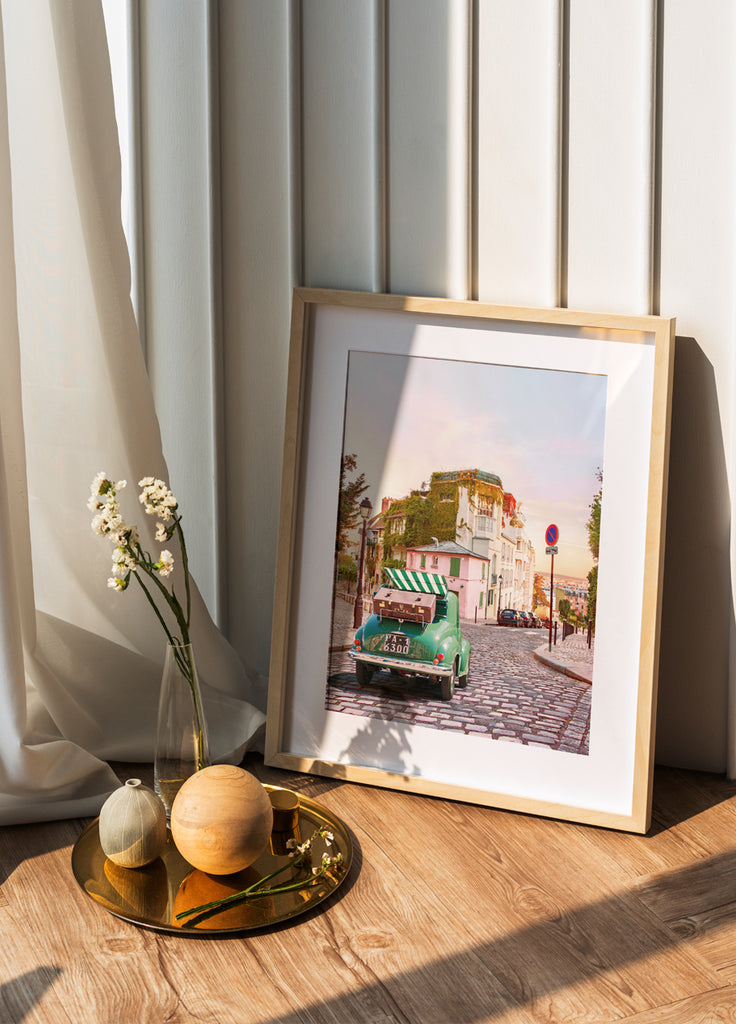 Montmartre framed art print by Paul Fuentes showing a classic car in the Paris Montmartre streets.