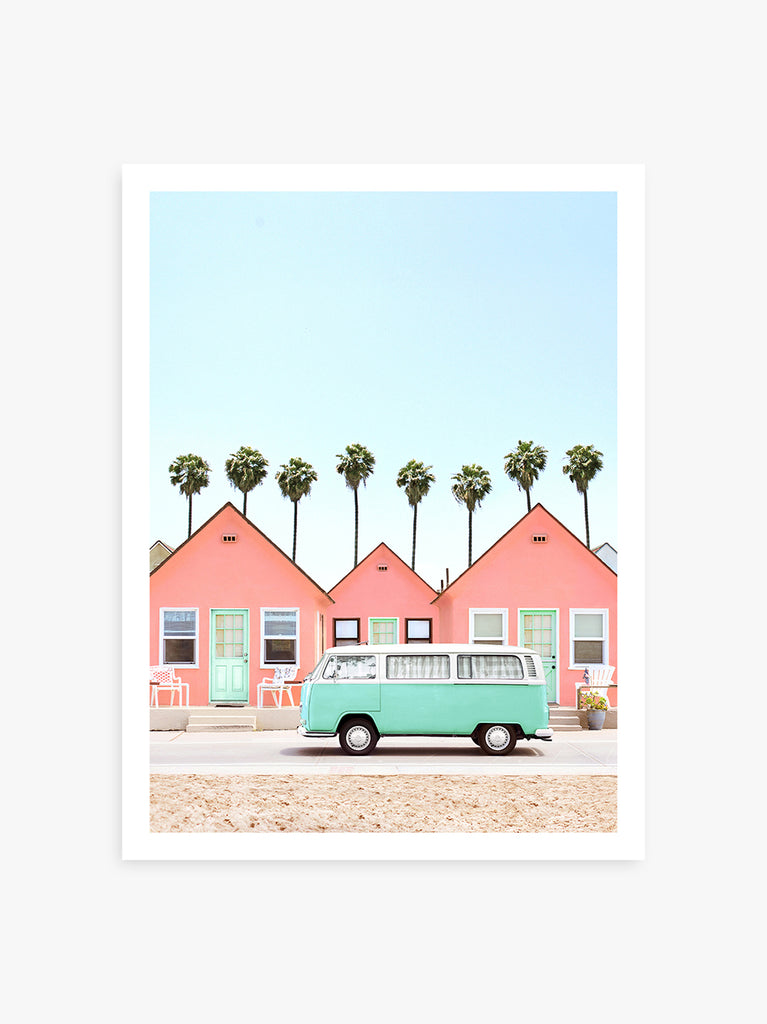 A colorful artwork featuring pink beach cottages and a vintage green car with palm trees in the background, fine art photography by Paul Fuentes