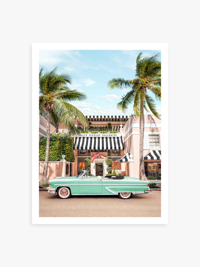 art print by paul fuentes featuring a classic green car and palm trees in Palm Beach miami.
