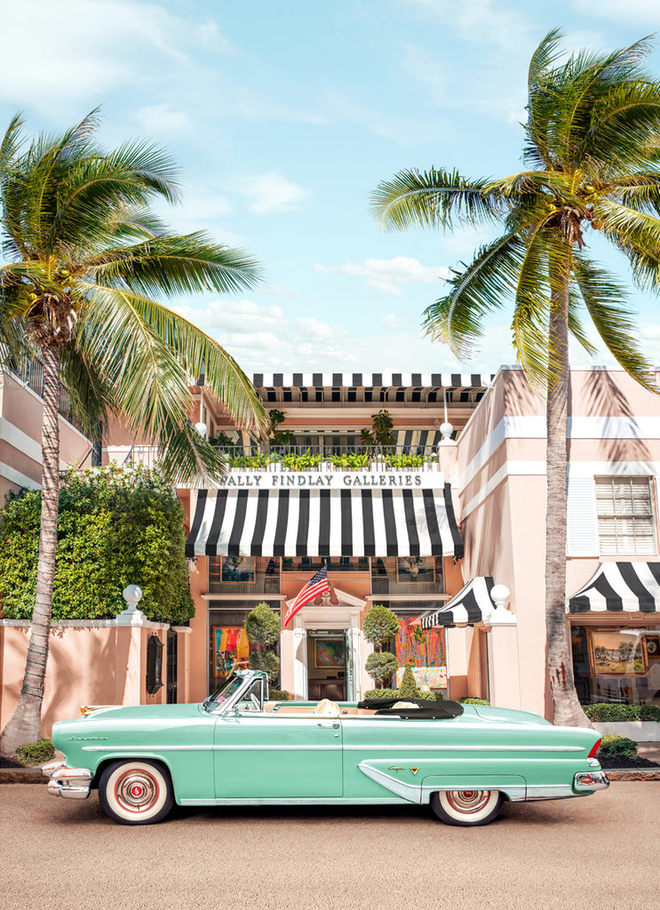 art print by paul fuentes featuring a classic green car and palm trees in Palm Beach miami.