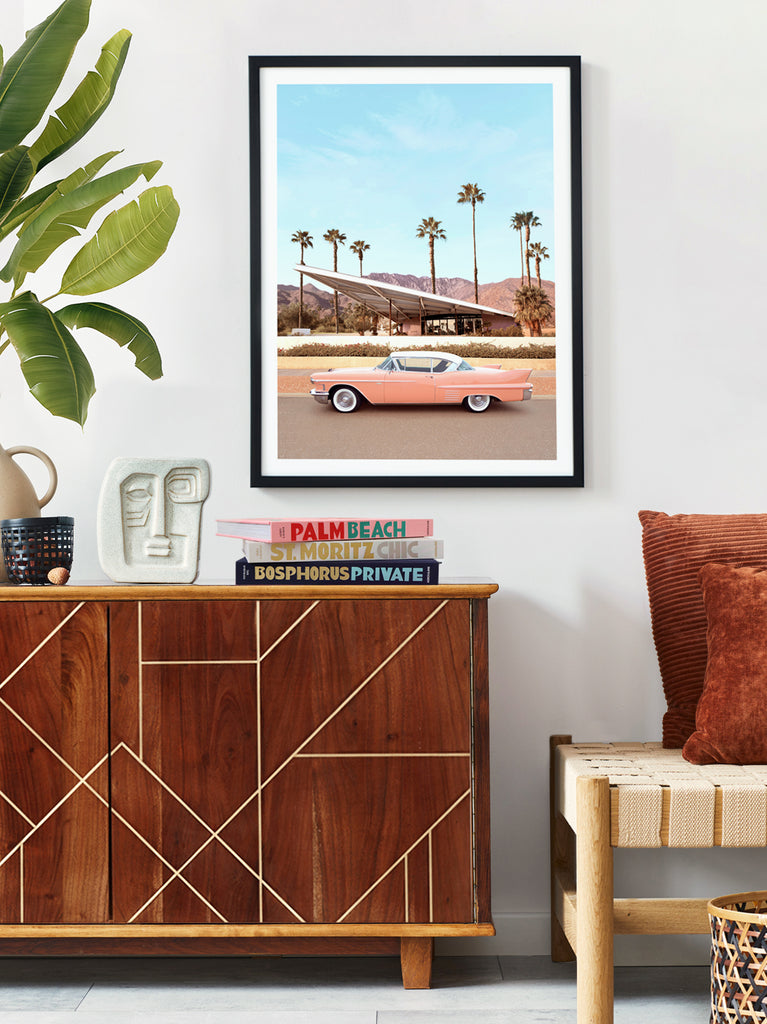 Framed Artwork of Classic pink Cadillac parked by a Palm Springs mid-century home, fine art photography by Paul Fuentes.