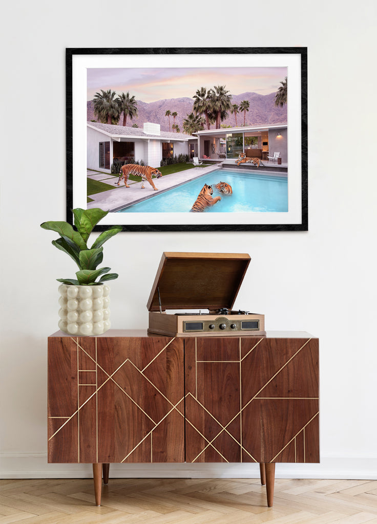 framed artwork of Two tigers by a mid century Palm Springs pool in Palm Springs a fine art print by Paul Fuentes. inspired by the photography of Slim Aarons