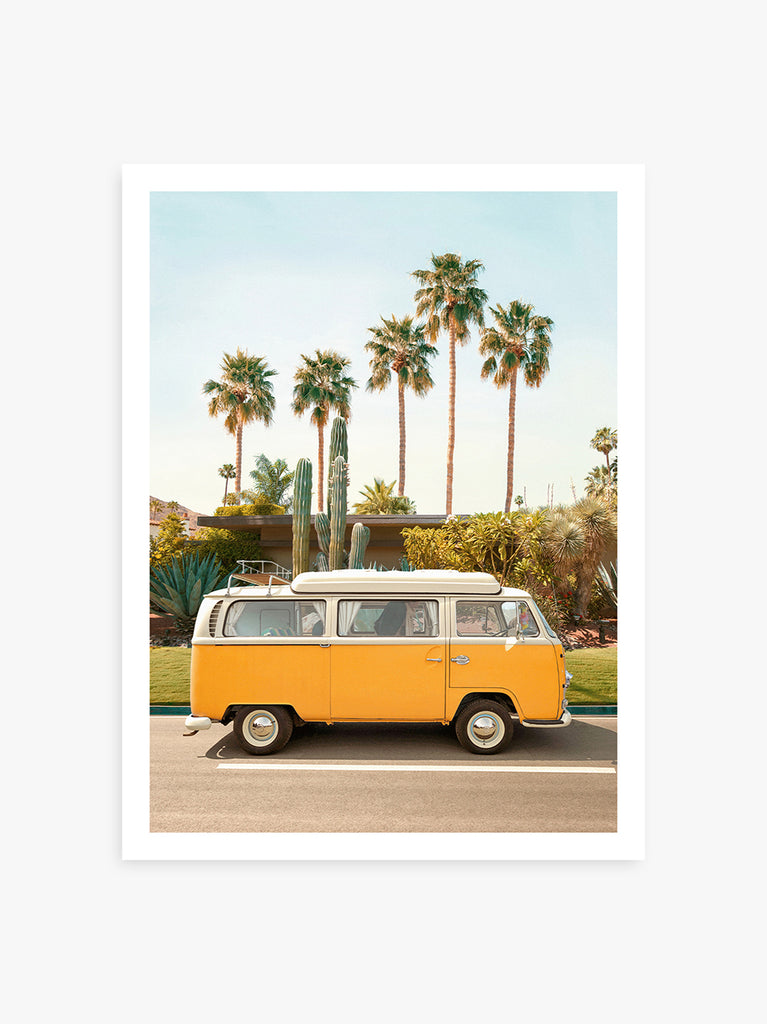 Yellow Volkswagen parked on a sunny Pasadena street with palm trees and cacti,  fine art photography print by Paul Fuentes.