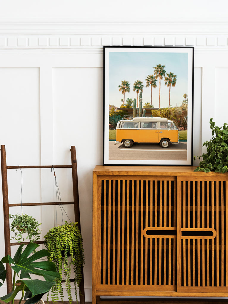 framed artwork of Yellow Volkswagen parked on a sunny Pasadena street with palm trees and cacti,  fine art photography print by Paul Fuentes.