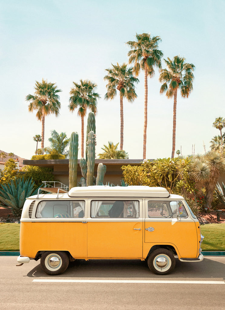 Yellow Volkswagen parked on a sunny Pasadena street with palm trees and cacti,  fine art photography by Paul Fuentes.