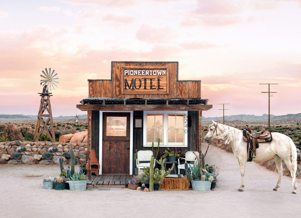 Cowboy town in the desert under golden light, fine art photograph by Paul Fuentes showcasing a desert landscape with a horse and cacti in the foreground.