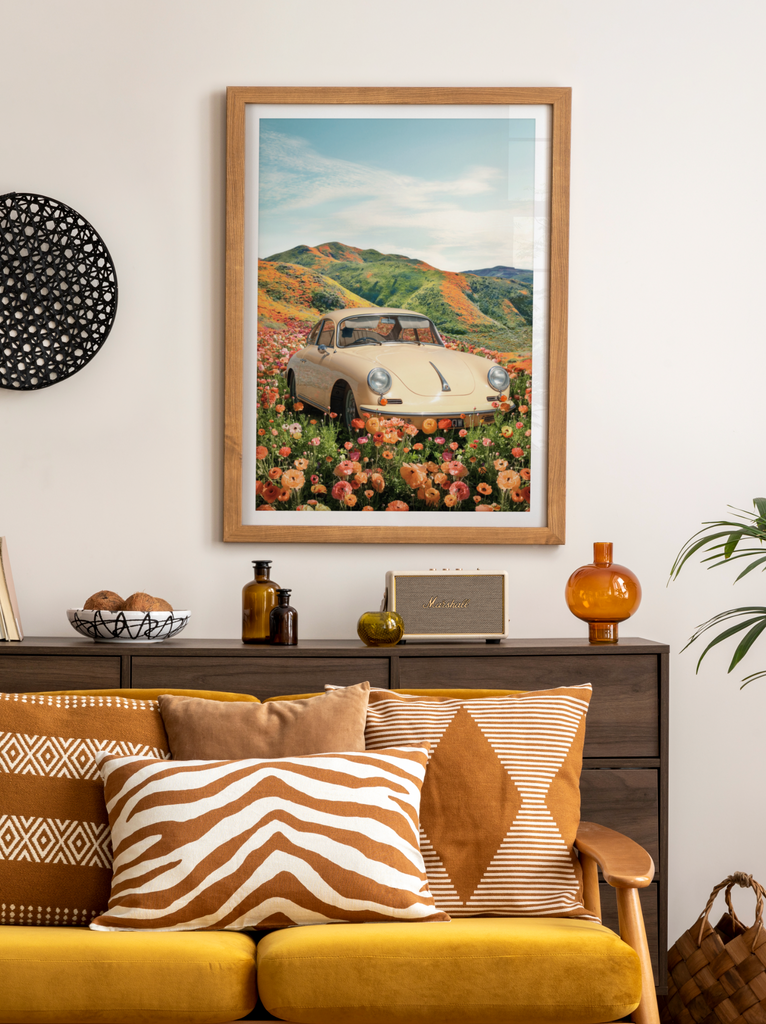 Framed wall art art print by Paul Fuentes showing a classic  porche in a mountain landscape filled with bright poppies.