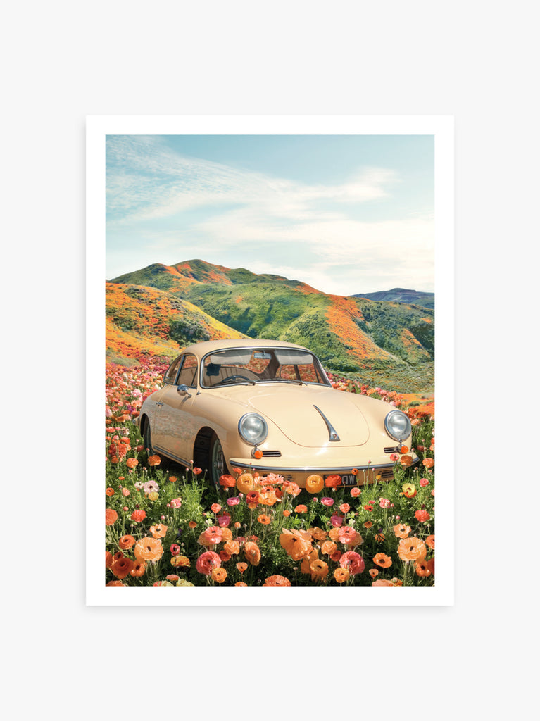 art print by Paul Fuentes showing a classic  porche in a mountain landscape filled with bright poppies.