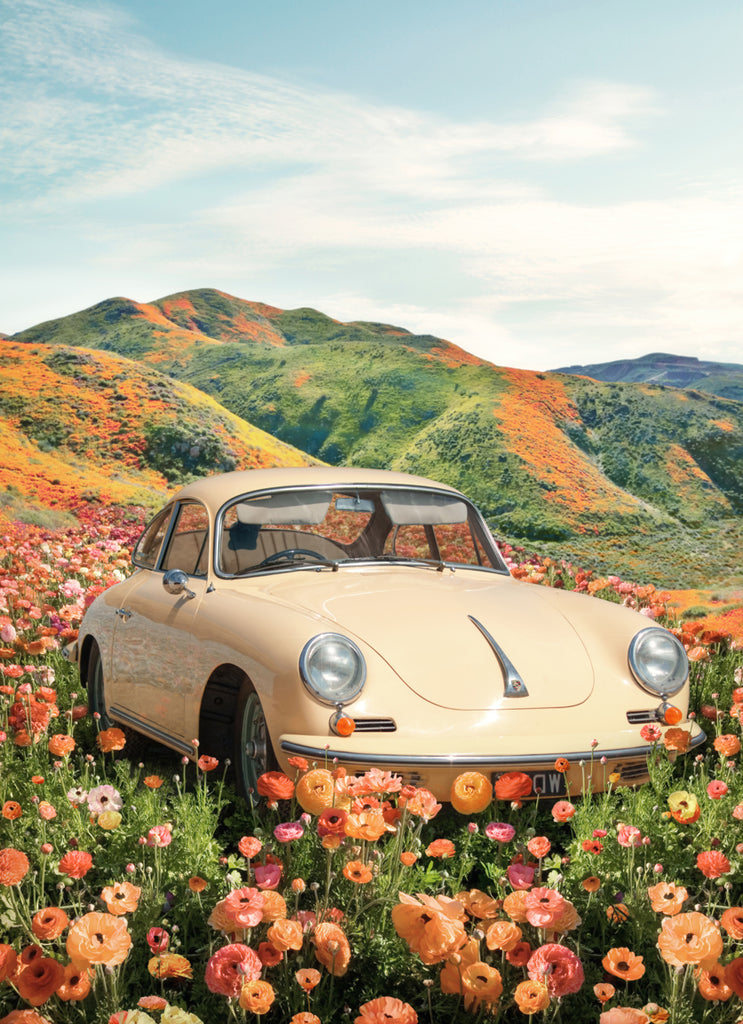 Fine art photograph by Paul Fuentes showing a classic  porche in a mountain landscape filled with bright poppies.