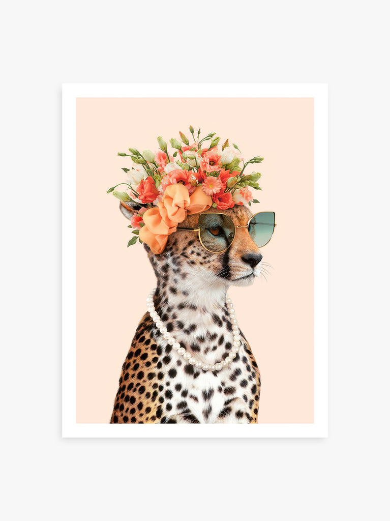 portrait of a cheetah wearing sunglasses and a floral crown, on pastel background, wall art by paul fuentes.
