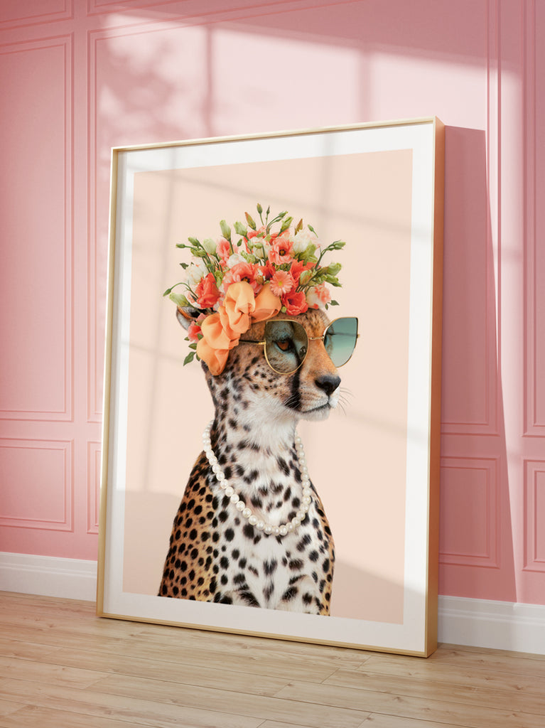 framed artwork of portrait of a cheetah wearing sunglasses and a floral crown, on pastel background, wall art by paul fuentes.