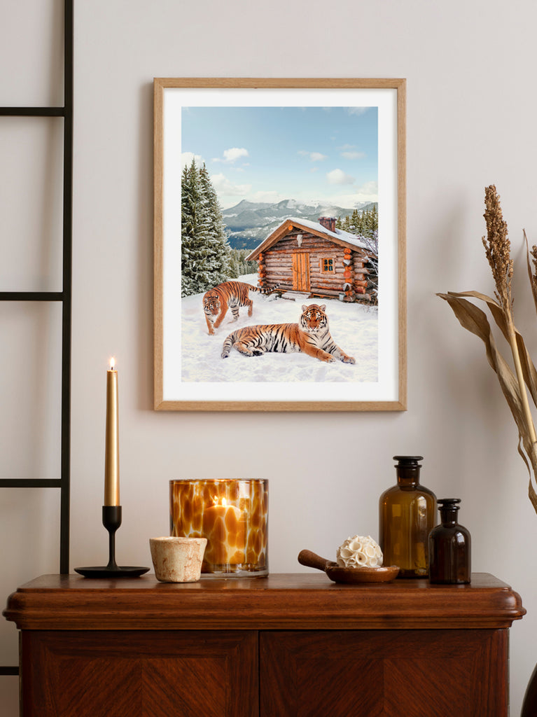 framed artwork of two tigers in snowy mountain landscape, surreal fine art print by Paul Fuentes.