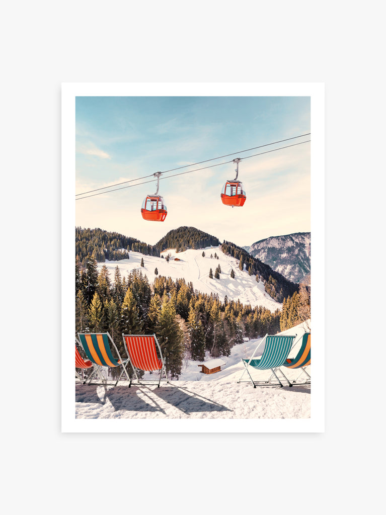 Artistic representation of luxurious winter chairs with a snowy mountain landscape in the background, including ski lifts and a clear blue sky. fine art photography by Paul Fuentes.